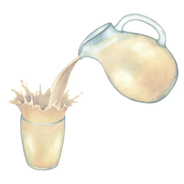 Υδατογραφία φυτό με βάση το γάλα χύνοντας έξω από την στάμνα στο ποτήρι. — Φωτογραφία Αρχείου