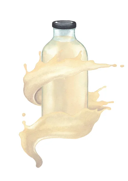 Waterkleur glazen fles omgeven door de stroom van de plantaardige melk. — Stockfoto