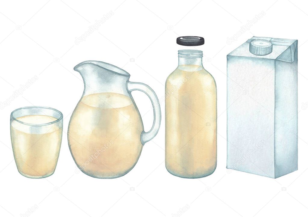 Watercolor collection of the plant based milk in the glass, jug, bottle and carton.