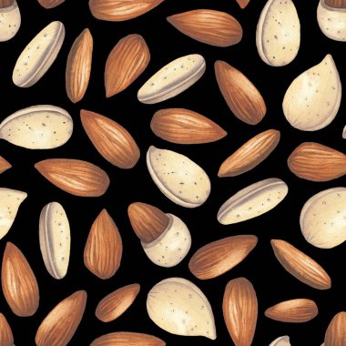 Soyulmamış ve soyulmamış badem desenli suluboya.