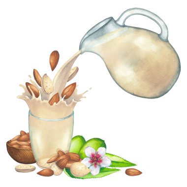 Suluboya bitkisi cam sütten bardağa dökülen badem sütüyle birlikte.