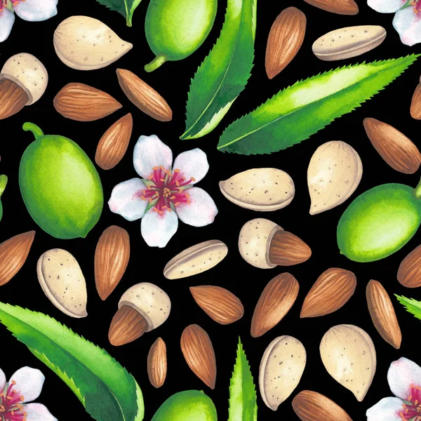 Υδατογραφία αδιάλειπτη μοτίβο από αμύγδαλα, φύλλα φρούτων και λουλούδια — Φωτογραφία Αρχείου