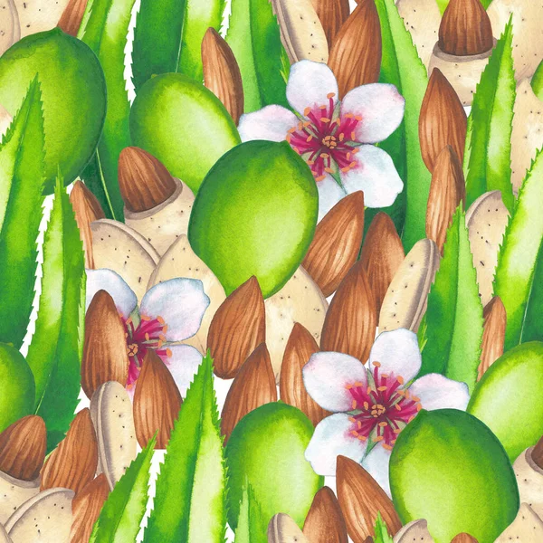 Akwarela bezszwowy wzór orzechów migdałowych, liści owoców i kwiatów — Zdjęcie stockowe