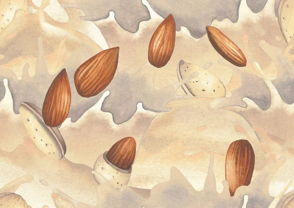 Akvarel bezešvný vzor cákanců rostlinného mléka a mandlových ořechů. — Stock fotografie