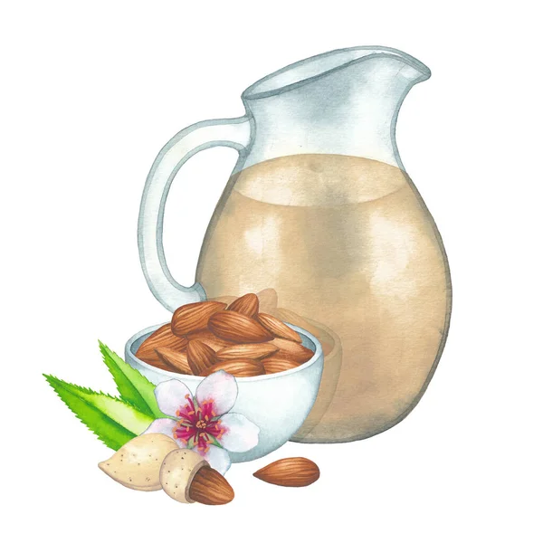 Υδατογραφία γυάλινη κανάτα του γάλακτος με βάση το φυτό διακοσμημένη με το μπολ με ξηρούς καρπούς, φύλλα αμυγδάλου και λουλούδια. — Φωτογραφία Αρχείου