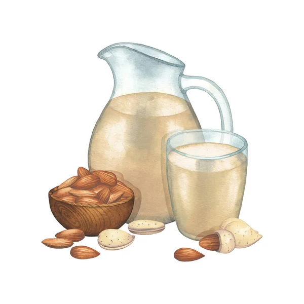 Akvarelové sklo a džbán z rostlinného mléka zdobené mandlovými ořechy. — Stock fotografie
