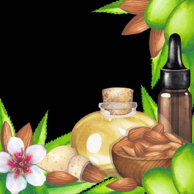 Badem fıstığı, yaprak, meyve ve çiçeklerle süslenmiş temel yağdan suluboya cam şişeler..