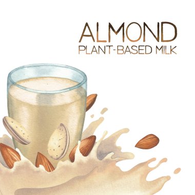 Bademlerle süslenmiş bardaktan süzülen suluboya bitki sütü.