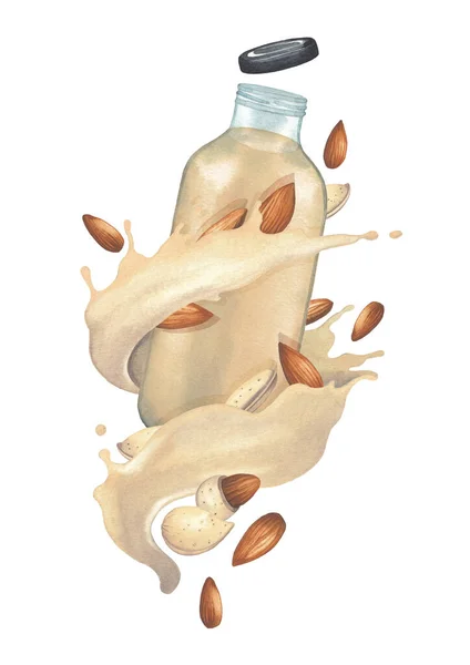 ガラス瓶の周りにアーモンドナッツが流れる水彩ミルクストリーム. — ストック写真