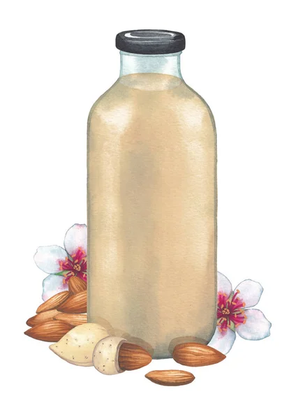 Szklana butelka akwarela mleka roślinnego ozdobiona orzechami migdałowymi, liśćmi i kwiatami. — Zdjęcie stockowe
