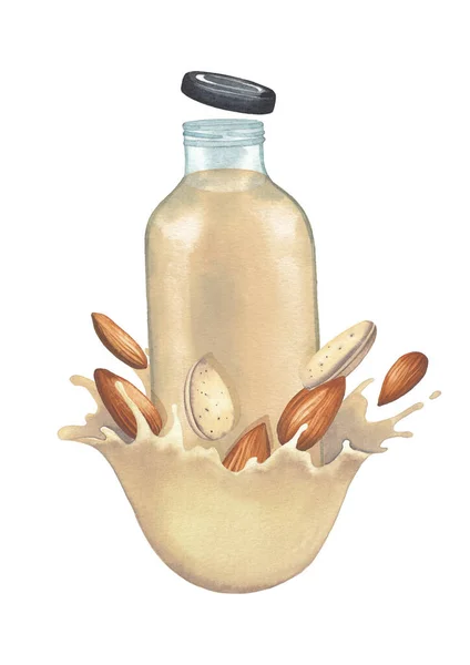 Botella de vidrio acuarela de la leche a base de plantas decorada con salpicaduras y almendras. — Foto de Stock