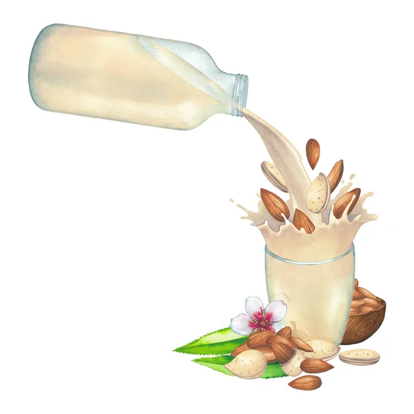 ガラス瓶からアーモンドのスプラッシュとカップに注ぐ水彩植物ベースのミルク — ストック写真