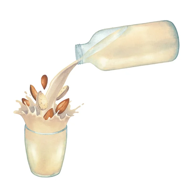 Akwarela roślin na bazie mleka wylewanie z butelki szklanej do filiżanki z odrobiną migdałów — Zdjęcie stockowe