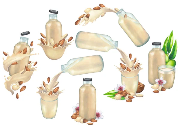 Aquarel collectie van plantaardige melk in de glazen en flessen versierd met kommen, amandelen — Stockfoto