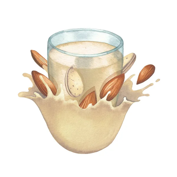 Verre aquarelle du lait végétal décoré d'éclaboussures et d'amandes. — Photo