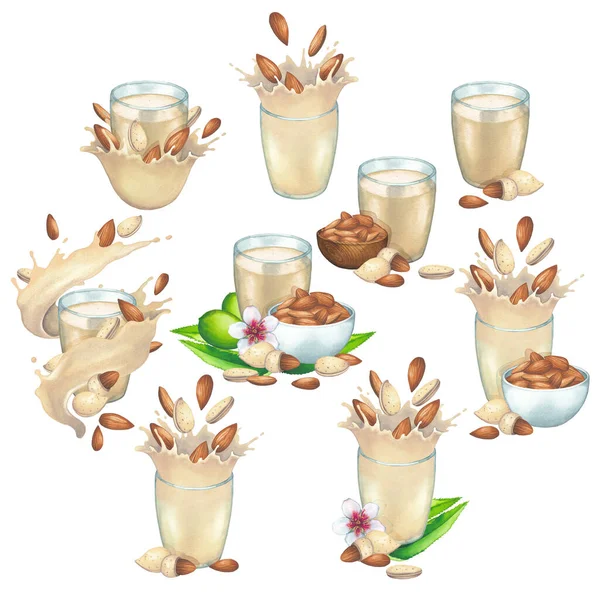 Colección de acuarela de leche vegetal en la glasse decorada con cuencos, almendras, frutas, hojas y flores — Foto de Stock