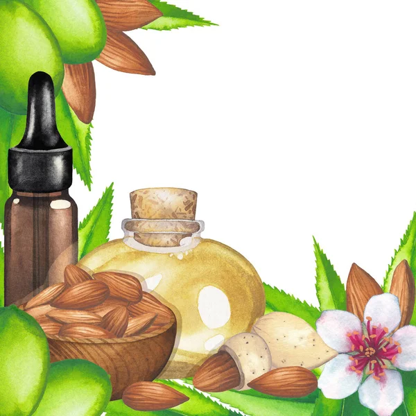 Watercolor glass bottles of the essential oil decorated with almond nuts, leaves, fruits and flowers. — Stock Photo, Image