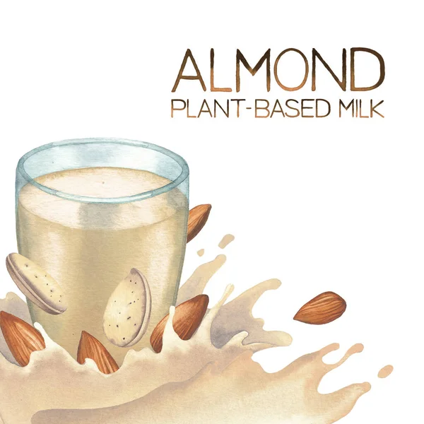 Watercolor plant based milk splashing out of the glass decorated with the almonds