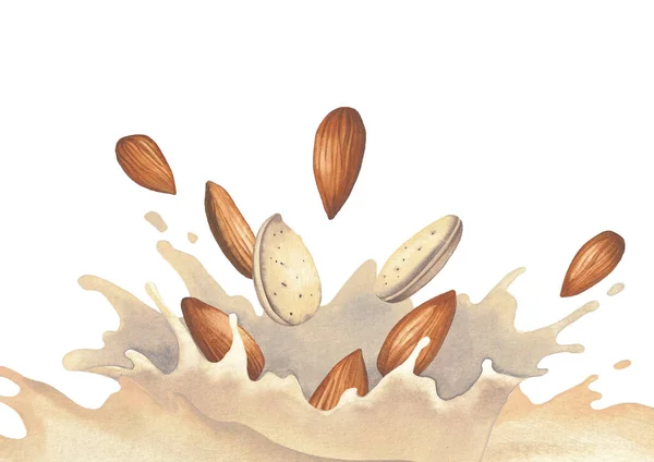 Watercolor splash of milk and almonds isolated on the white background — Stock Photo, Image