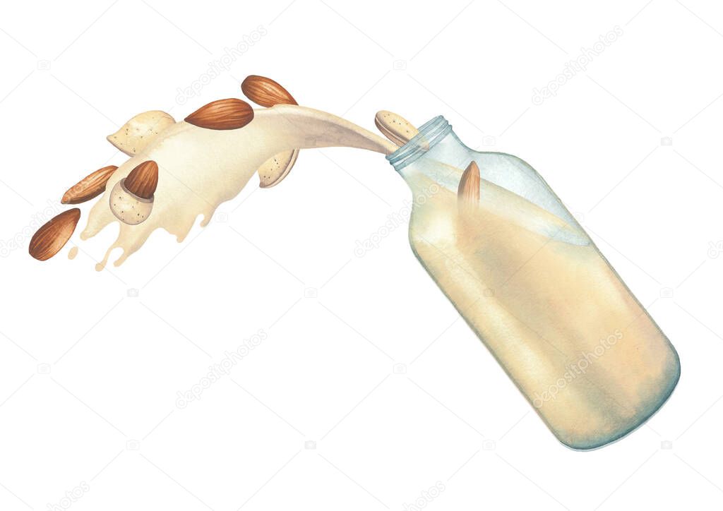 Watercolor plant based milk pouring out from the glass bottle with a splash of almonds.