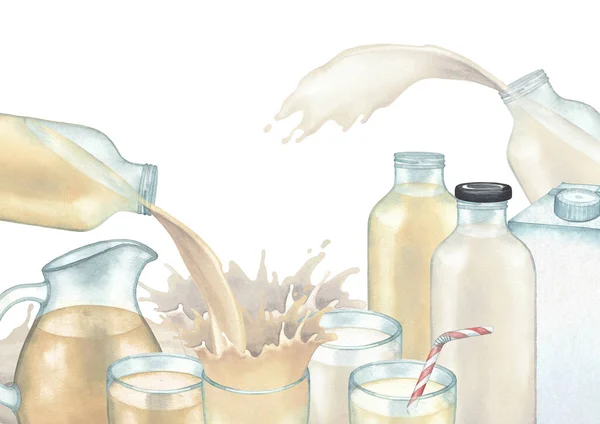 유리, 주전자 및 병에 흐르고 물기가 있는 우유를 기초로 한이 식물의 수채화 — 스톡 사진