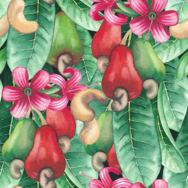 Ceviz, fındık, çiçek ve yaprakların dikişsiz suluboya deseni..