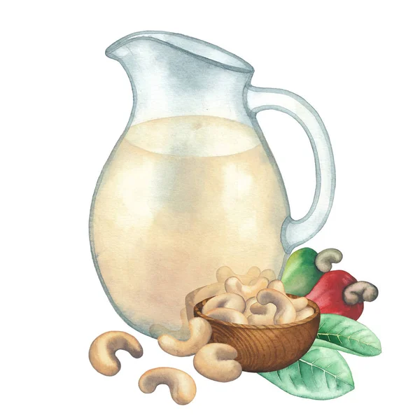 Υδατογραφία γυάλινη κανάτα του φυτικού γάλακτος διακοσμημένη με καρπούς κάσιους, φύλλα και φρούτα — Φωτογραφία Αρχείου