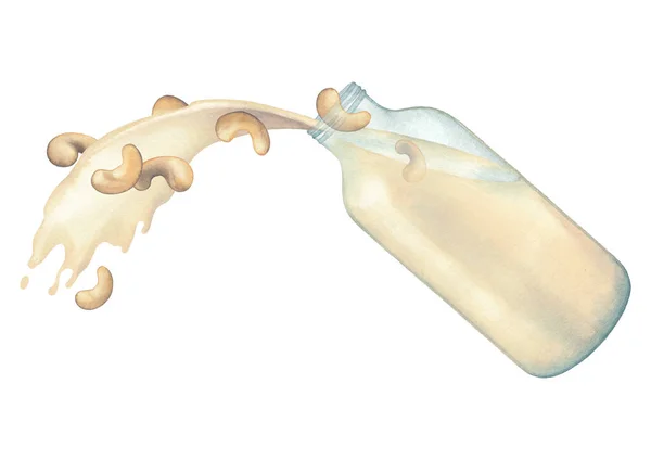 Waterverf plantaardige melk gieten uit de glazen fles met een scheutje cashewnoten. — Stockfoto