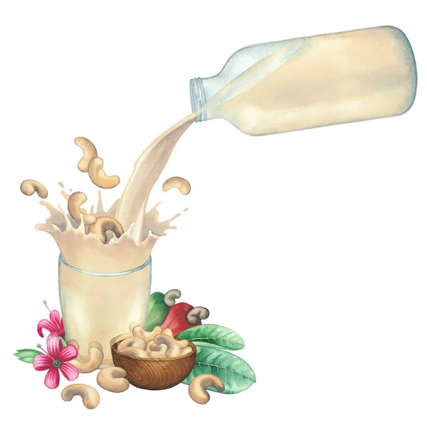 Akvarelové rostlinné mléko vytékající ze skleněné láhve do šálku se šplouchnutím kešu ořechů. — Stock fotografie