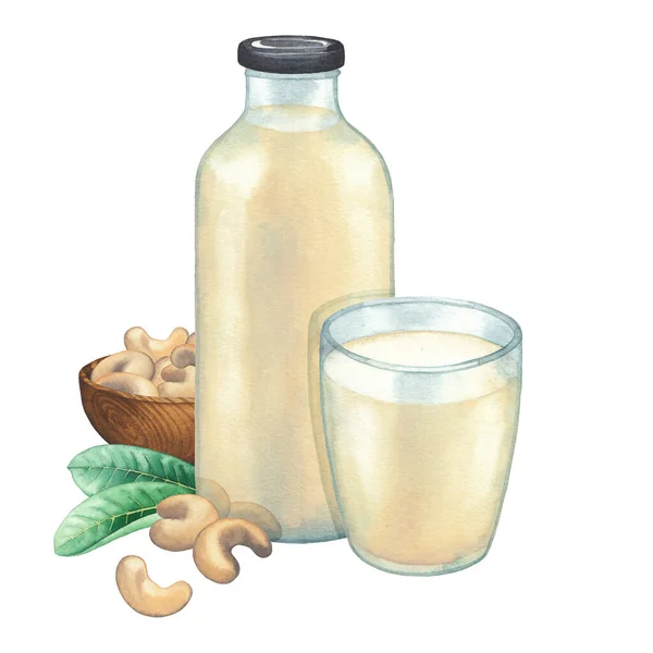 Skleněná láhev akvarelu a šálek rostlinného mléka zdobené kešu ořechy a listy. — Stock fotografie