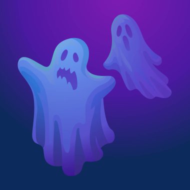 Mavi-mor arka planda izole edilmiş iki tuhaf çizgi film hayaletinin vektör çizimi. Cadılar Bayramı tasarımları, tebrik kartları, posterler ve dijital sanat eserleri için mükemmel..