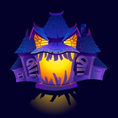 Cadılar Bayramı perili evinin ürkütücü bir yüzü ağız gibi çığlık atan bir verandası ve göz gibi parlayan pencereleri olan bir temsili. Karanlık bir arka planda izole edilmiş.