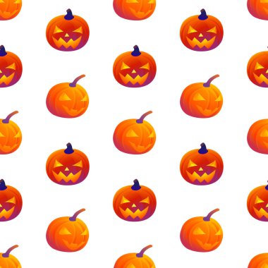 Cadılar Bayramı 'nda gülümseyen şeytani yüzlü balkabaklarının kusursuz deseni. Tekrarlanan tatil tasarımı