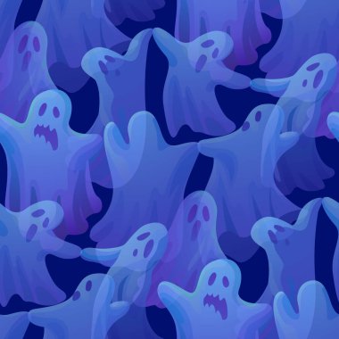 Cadılar Bayramı çizgi filminde dans eden hayaletlerin kusursuz desenleri. Eğlenceli ve ürkütücü vektör tasarımı
