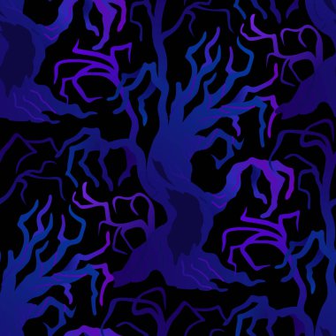 Karanlık bir arka planda, şeytani bir yüzü ve dalları olan kuru bir ağacın vektörsüz deseni. Cadılar Bayramı tekrarlanan tasarım