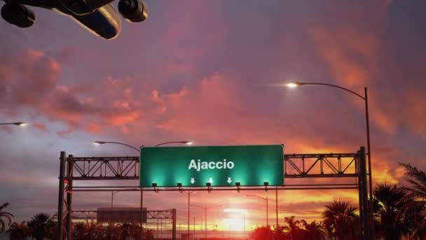 Vliegtuig Landing Ajaccio tijdens een prachtige zonsopgang — Stockvideo