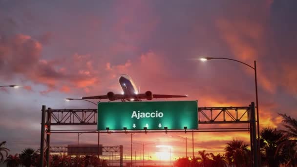 Letadlo vzlétnout Ajaccio během nádherný východ slunce — Stock video