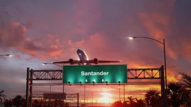 Vliegtuig opstijgen Santander tijdens een prachtige zonsopgang — Stockvideo