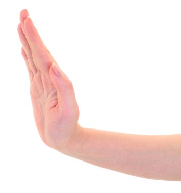 Beyaz arka planda izole edilmiş bir insan eli durdurma veya reddetme hareketi, uyarı, yasaklama, inkar veya dikkat kavramı