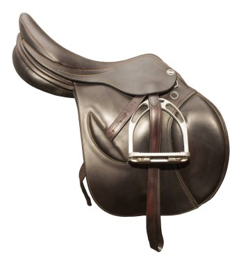 Competitive saddle of dark brown leather on the side on a white background clipart
