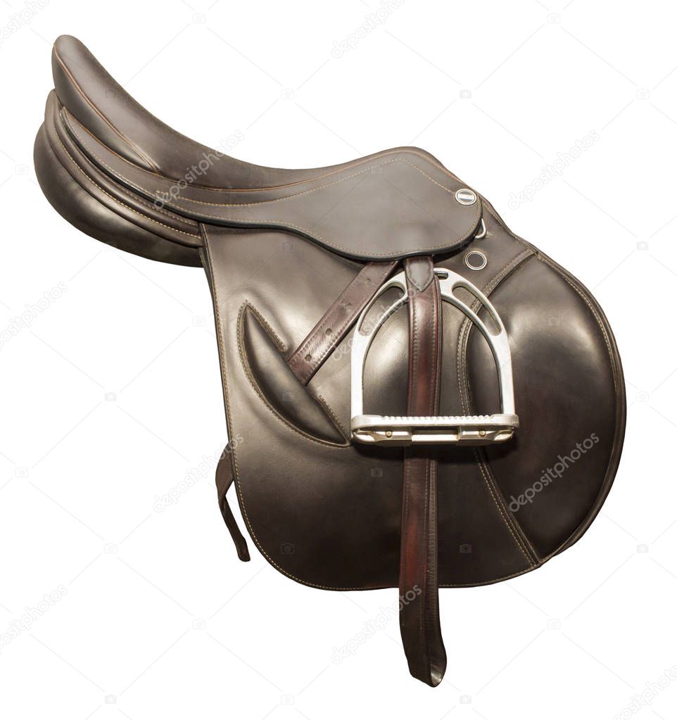 Competitive saddle of dark brown leather on the side on a white background