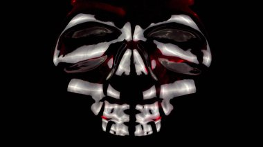 Siyah arka planda cam kafatası, cam bir kafatasından yansıyan beyaz ve kırmızı ışık, bir cadılar bayramı hayaleti heykeli.