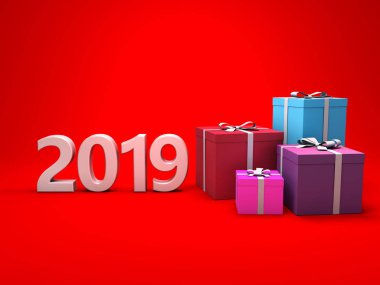      Yeni yıl 2019 yaratıcı tasarım konsepti ile Hediyelik kutu - 3d görüntü 