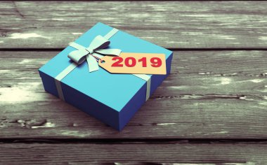      Yeni yıl 2019 yaratıcı tasarım konsepti hediye kutusu ve etiket - 3d render resim 