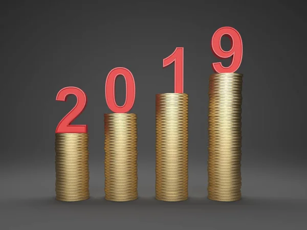 Новий Рік 2019 Концепція Креативного Дизайну Золотими Монетами Рендеринговий Образ — стокове фото