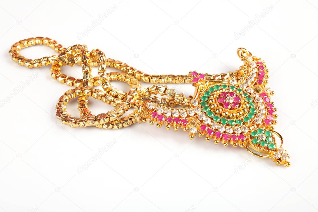 Indian Traditional Gold Necklace with Gemstones