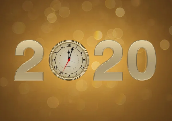 New Year 2020 with Gold Clock - 3D Rendered Image