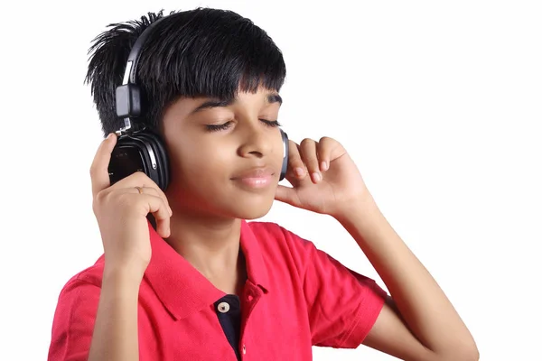Indian Young Boy Listen Music Headphone —  Fotos de Stock