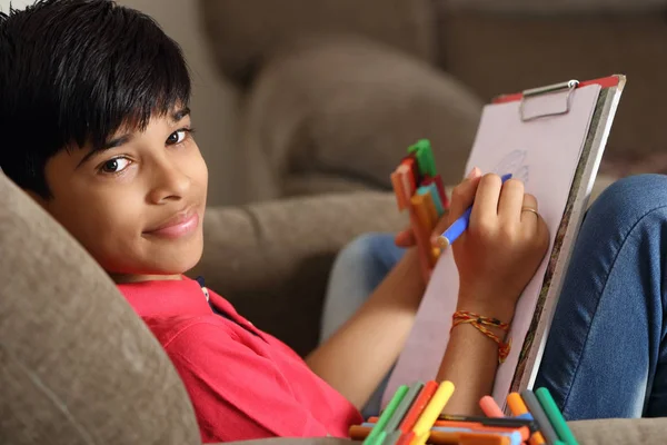 Portrait Indian Boy Drawing Colorful Sketch Pen — Foto de Stock