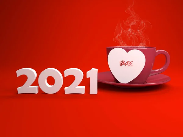 带咖啡杯的2021年新年创意设计理念 3D渲染图像 — 图库照片